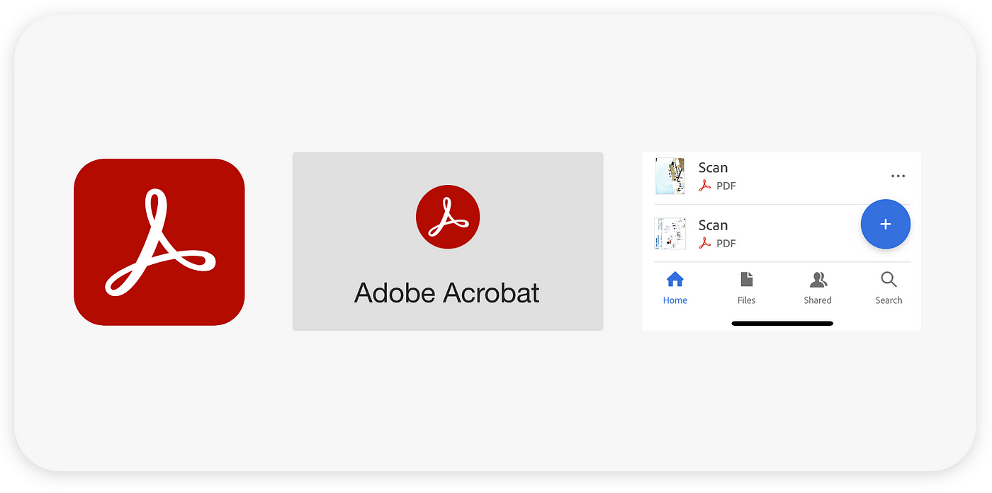 白色背景上的三个图像。 从左到右：红色图标中的白色 Adob​​e Acrobat 徽标； Adobe Acrobat 徽标和文字标记； 用于识别文件类型的 Adob​​e Acrobat 徽标。