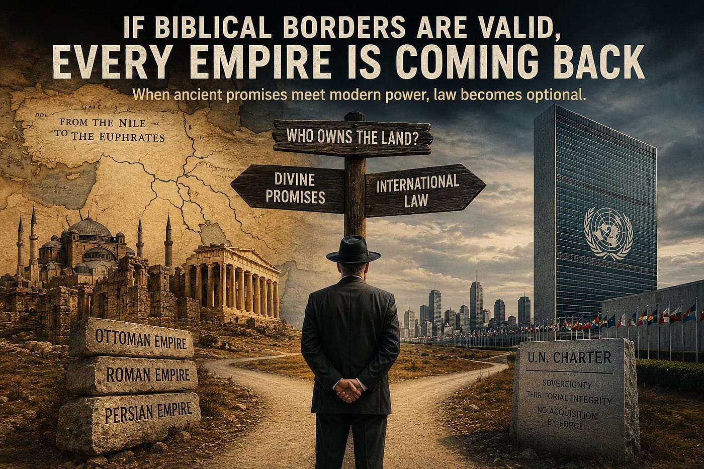An editorial illustration exploring the tension between biblical territorial claims and the post-1945 international order built on sovereignty and international law.