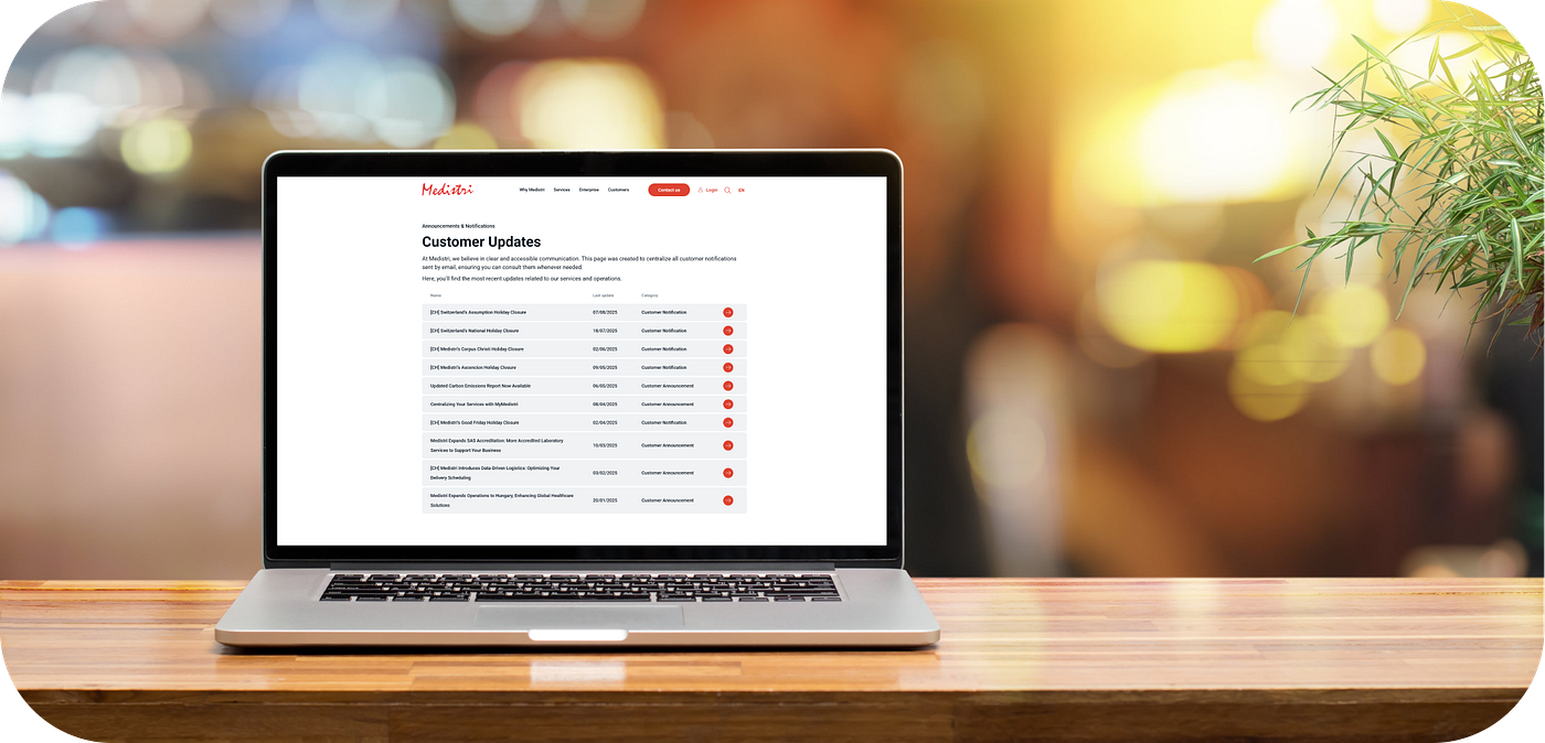 Zentralisierung der Kommunikation: Medistris neue Seite „Kunden-Updates”