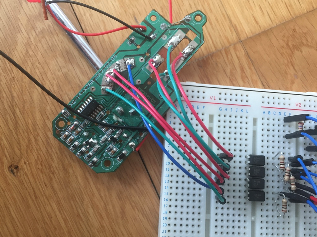 Remote controller PCB with wires soldered for forward, backward, left and right