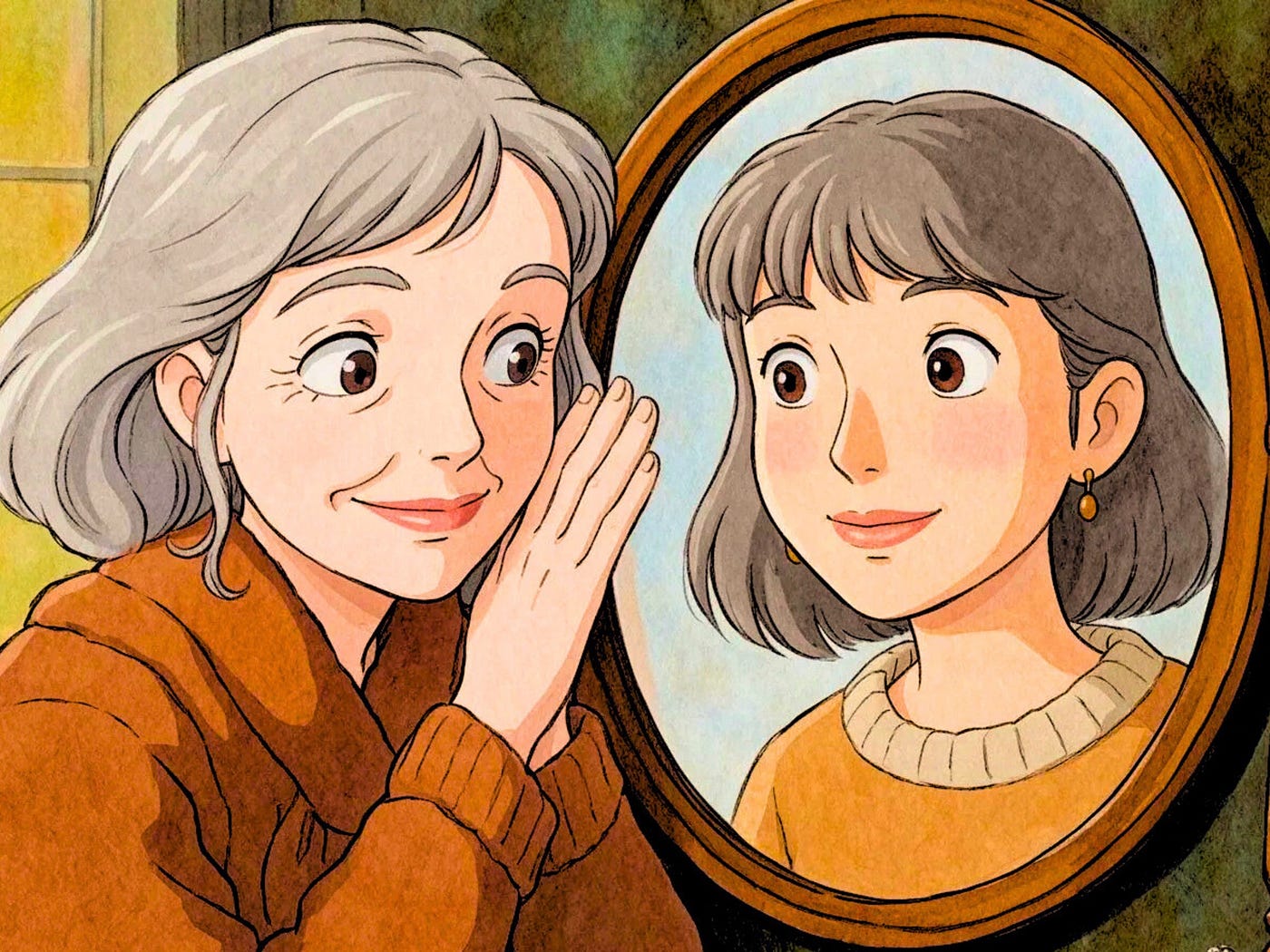 50대 여성이 거울 속에서 25년 전의 자신을 바라보며 크고 표정이 풍부한 얼굴과 부드러운 미소를 짓고 있다.<BR>