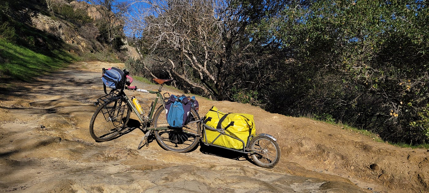 My Surly LHT with a vintage B.O.B. Yak trailer and gear for glamping