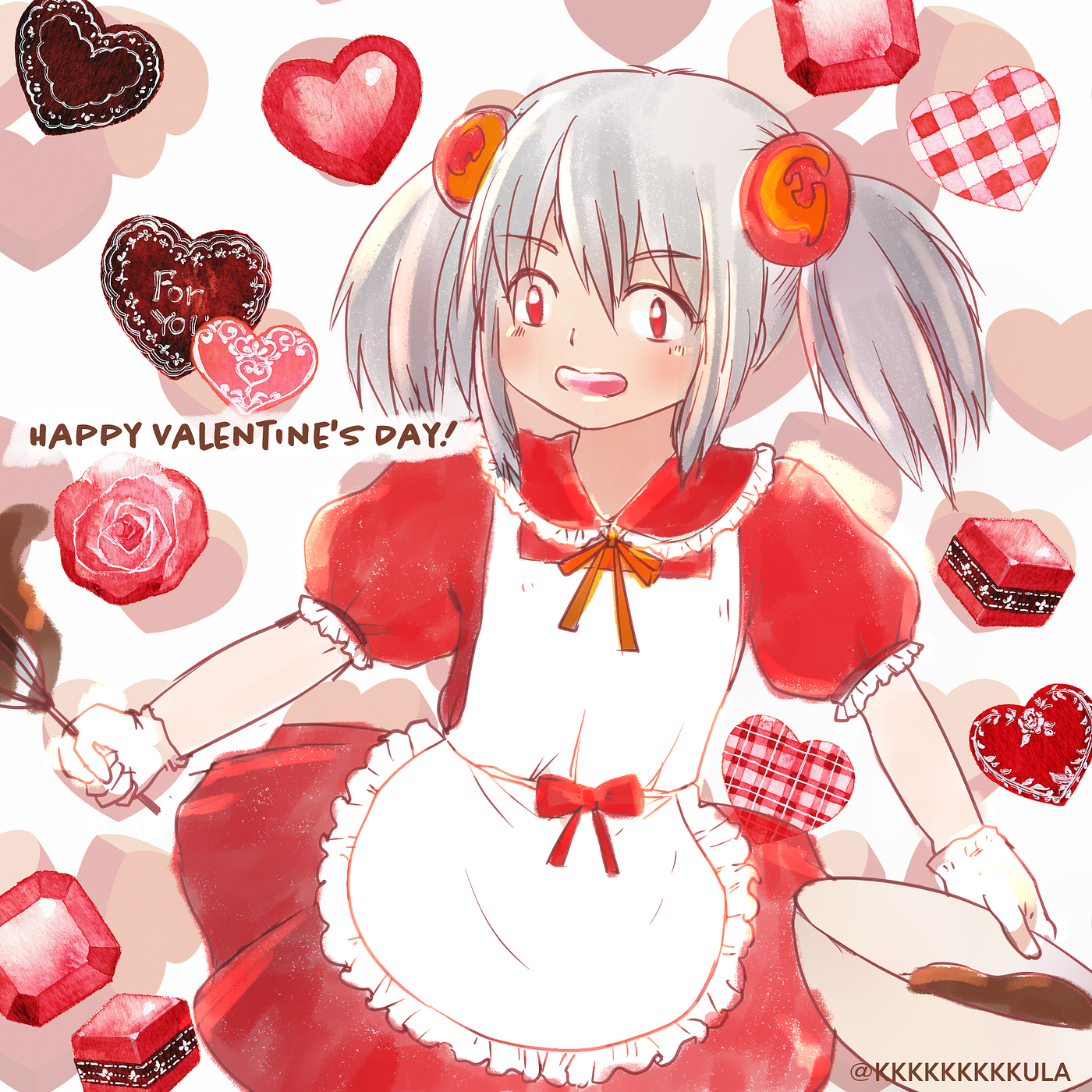 バレンタインなのでチョコを一生懸命作るみみがせんせーを描いた