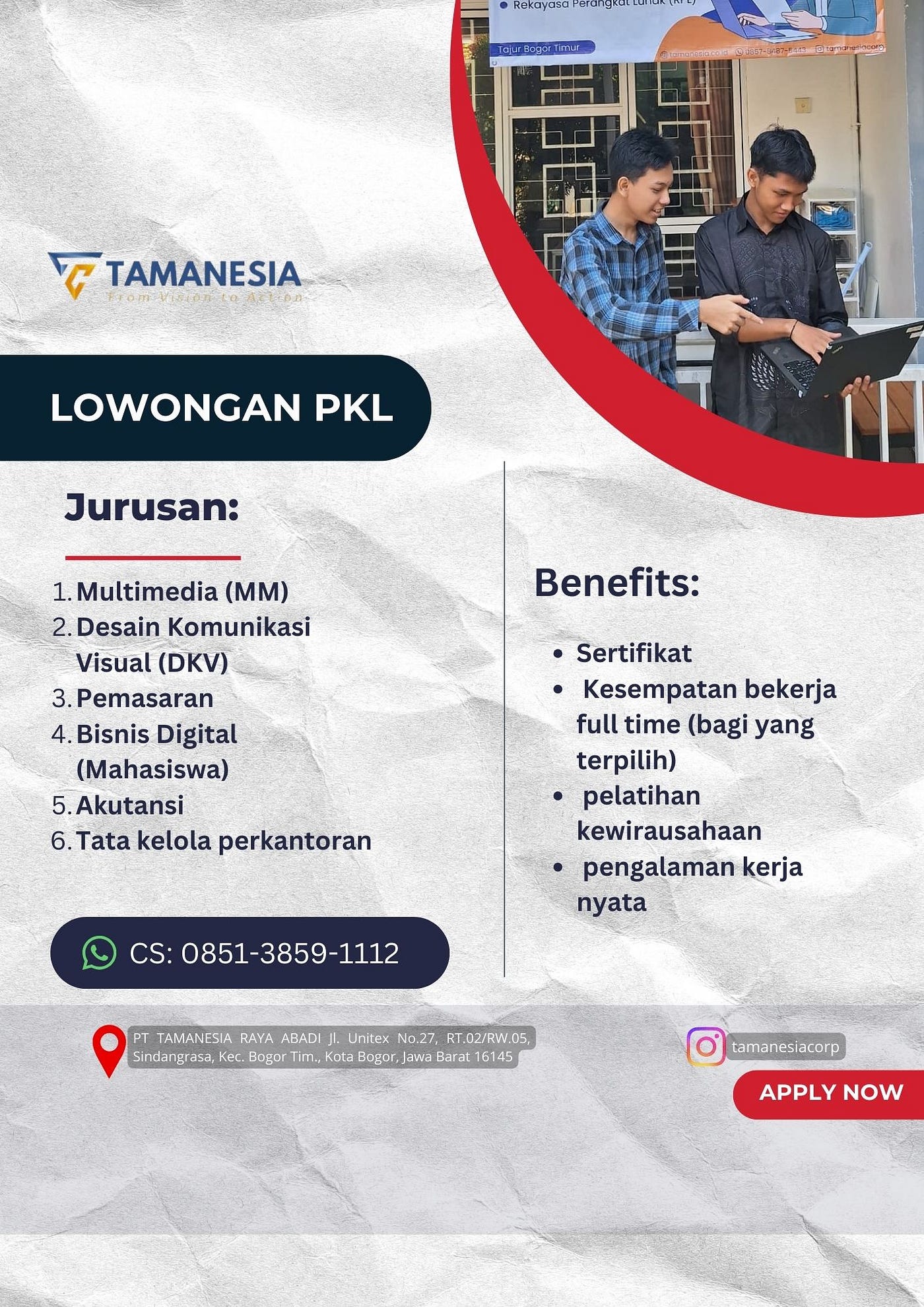 WhatsApp: 0851–3859–1112, Lowongan Magang / PKL Periode 4–6 Bulan bagi Siswa SMK dan Mahasiswa