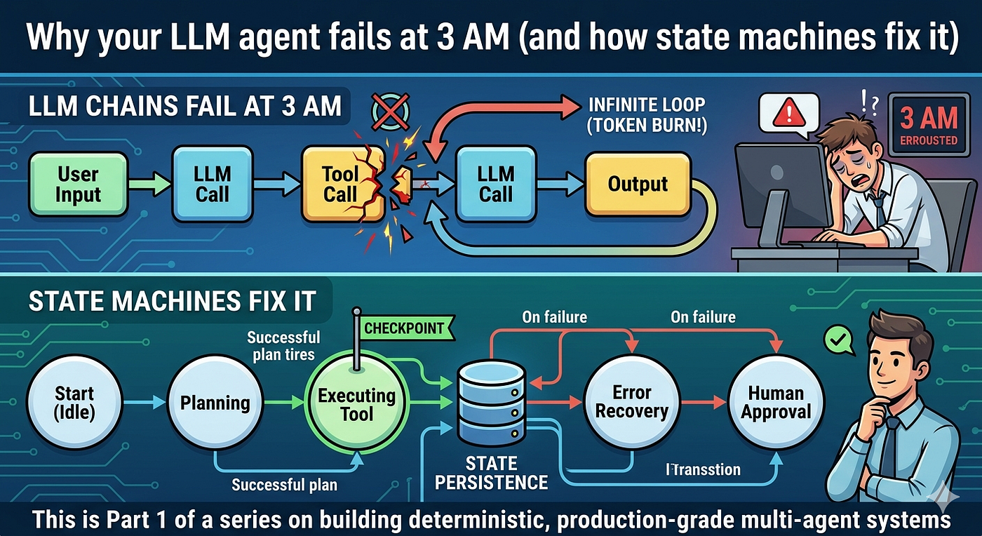 Why your LLM agent fails at 3 AM (and how state machines fix it)