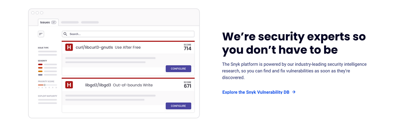 A screenshot from Snyk’s marketing website with the headline “We’re security experts to you don’t have to be”.