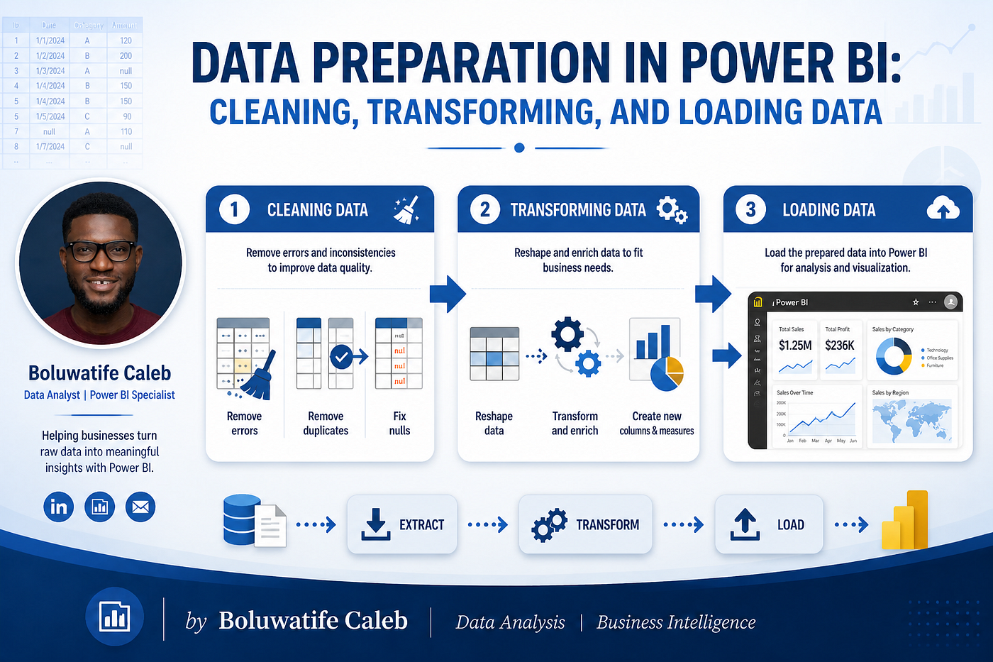 Data Preparation in Power BI: Cleaning, Transforming, and Loading Data.