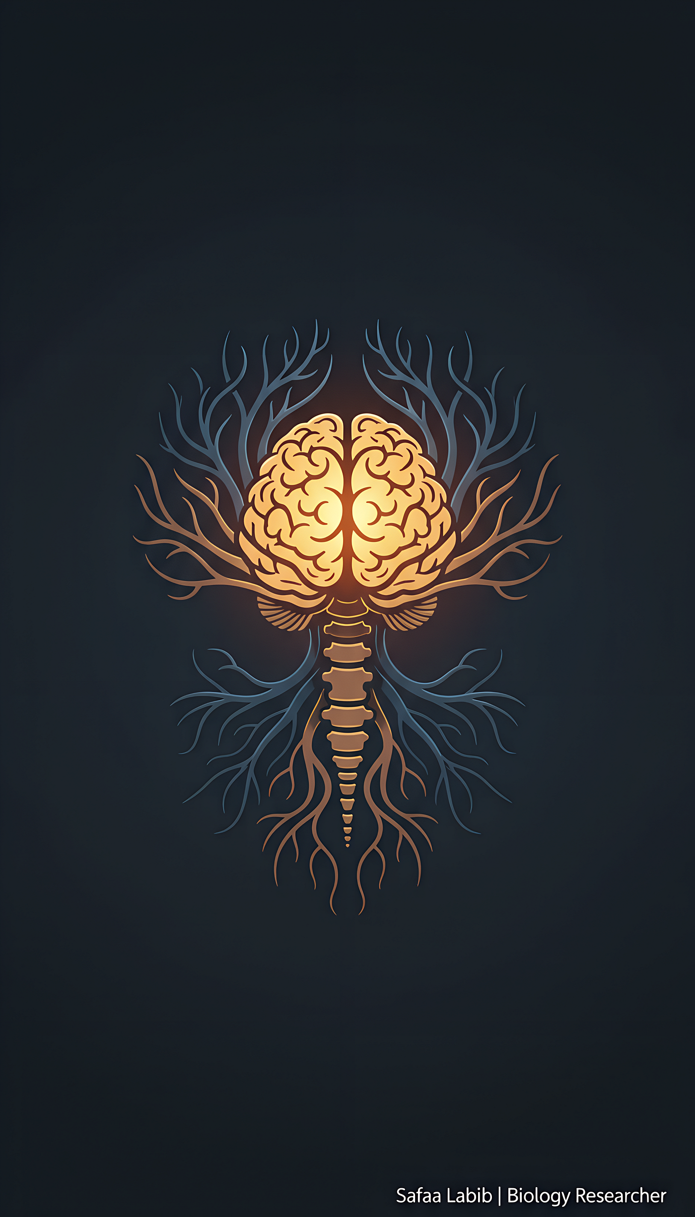 This minimalist digital art, generated via Recraft, structurally illustrates a stylized human brain and spinal cord seamlessly morphing into protective biological roots and branches. The deep warm amber glow within the neural core symbolizes metabolic energy conservation and internal homeostatic preservation, elegantly finalized with the signature of Safaa Labib, Biology Researcher.