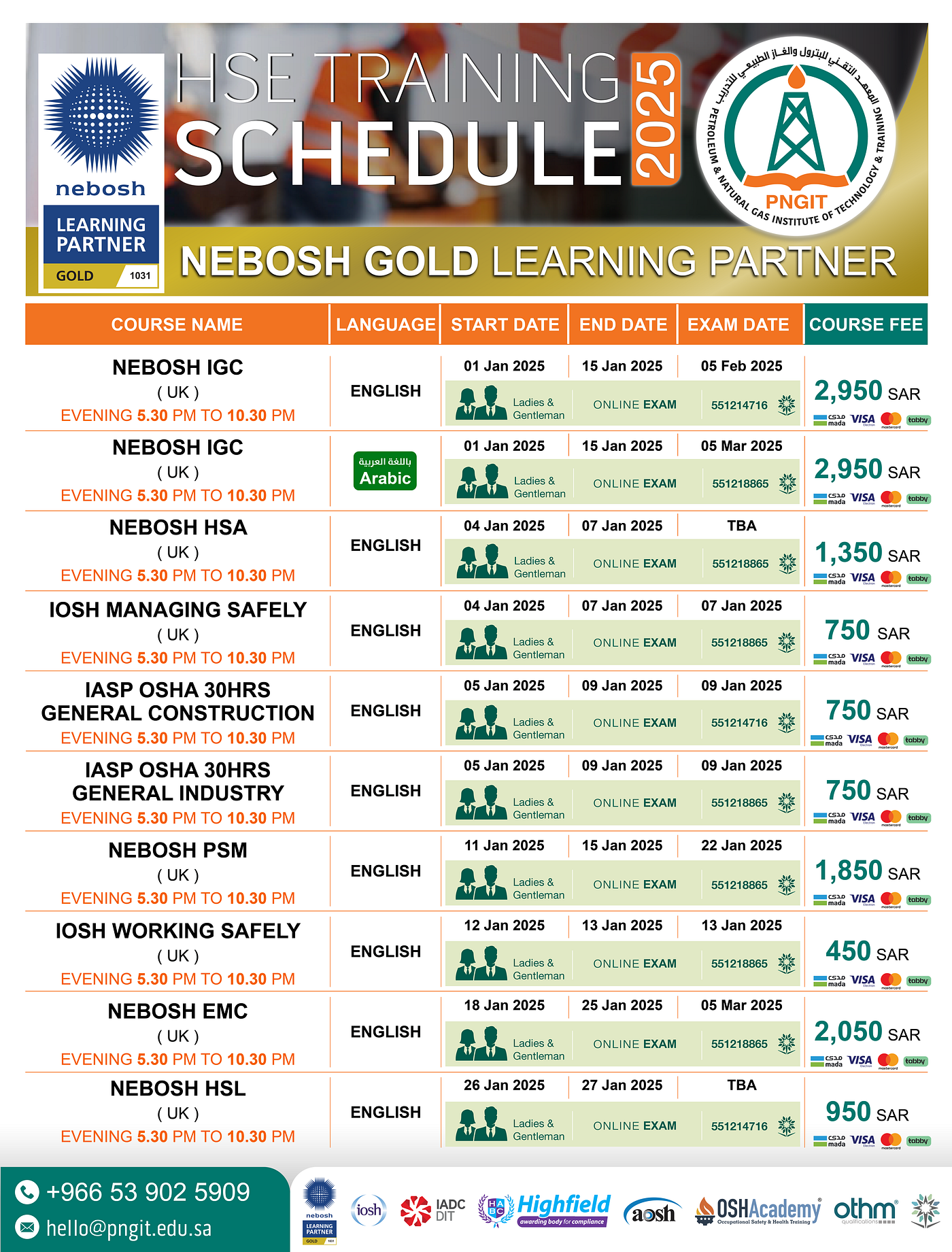 HSE Training Schedule for January 2025