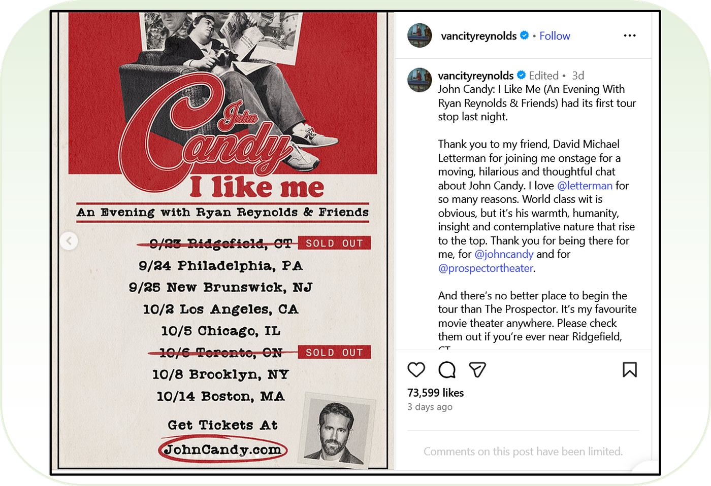 In a since deleted post, Reynolds centered himself in a theater showing event of the John Candy documentary he helped produce
