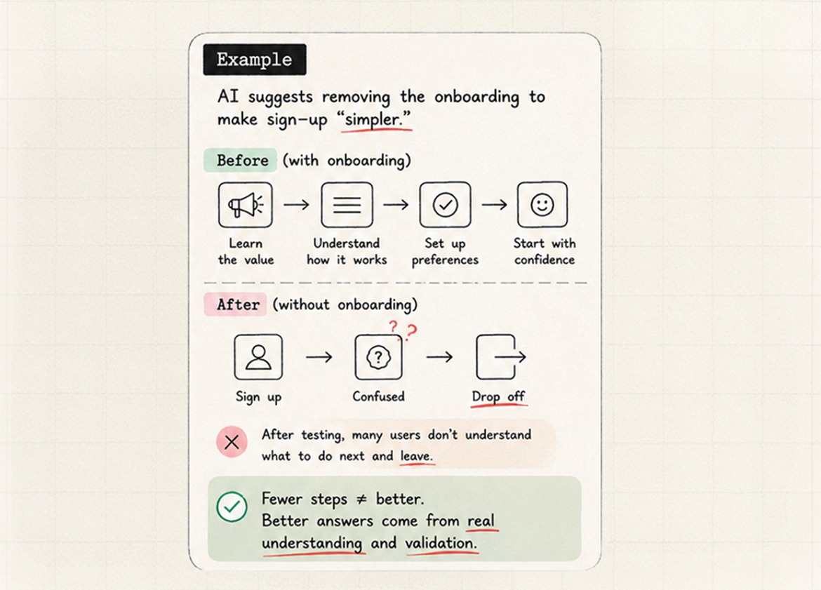 For example, AI suggests reducing the number of steps to make a flow “simpler. This example shows that the intuition “fewer steps = better” is not always correct.
