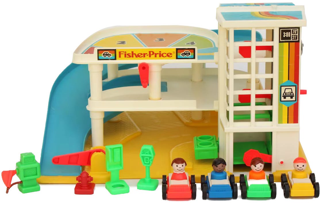 FISHER PRICE Vintage GARAGE. w/ 3 cars deals and people