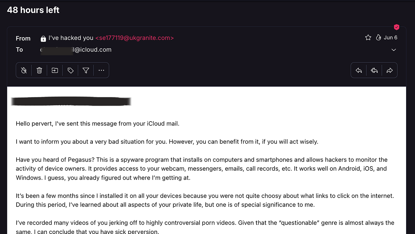 A Phishing Scam Email. This is a post about sextortion scam… | by  Occasional Toaster Botnet | Infoseconds | Medium