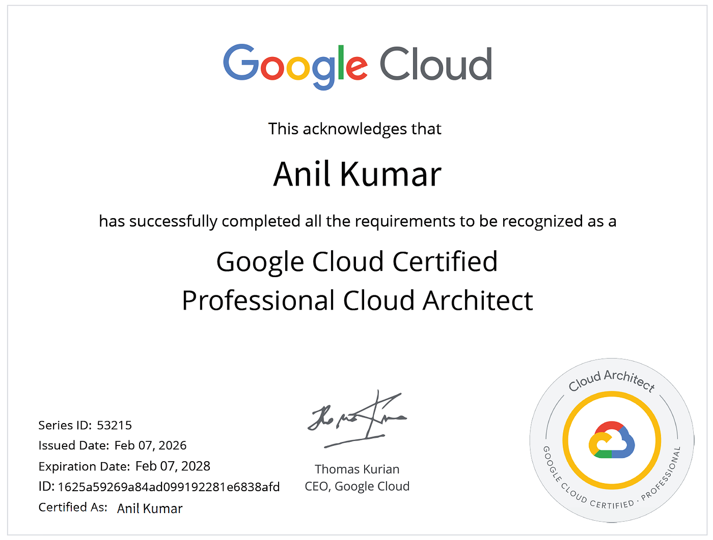 Anil’s Google Cloud Professinal Cloud Architect Certification