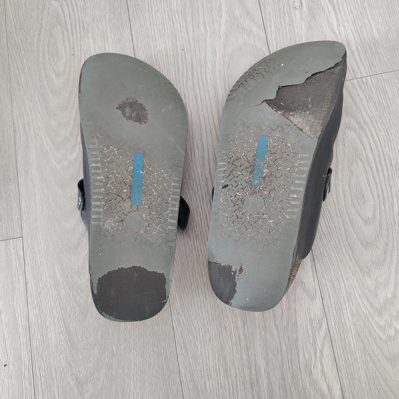 My old Birkenstock Bostons after two years of daily use. Losing the original non-slip sole relegates them to the trash.