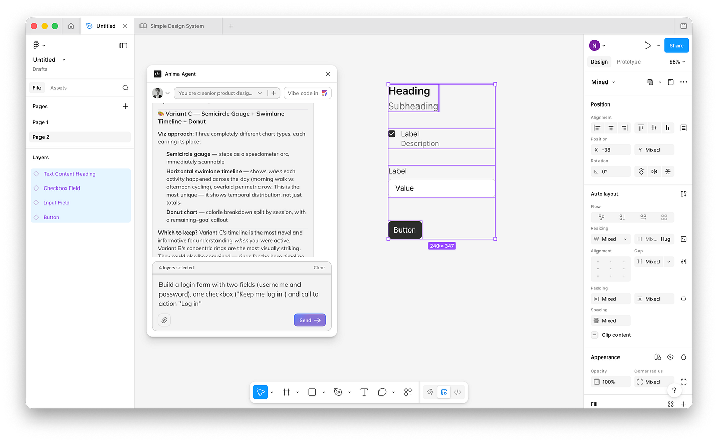 Select UI components and prompt Anima to create UI design for you.