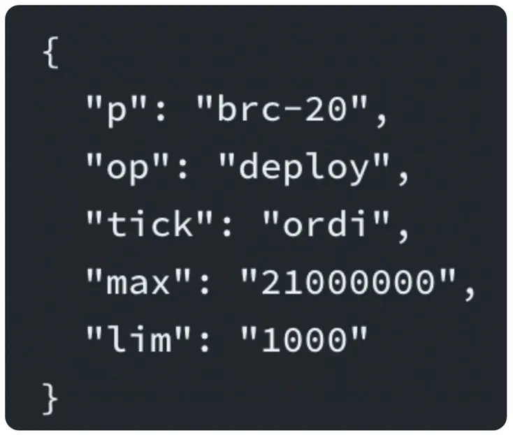 Figure 3. BRC-20 ordi deployment code (source: twitter, @domodata)