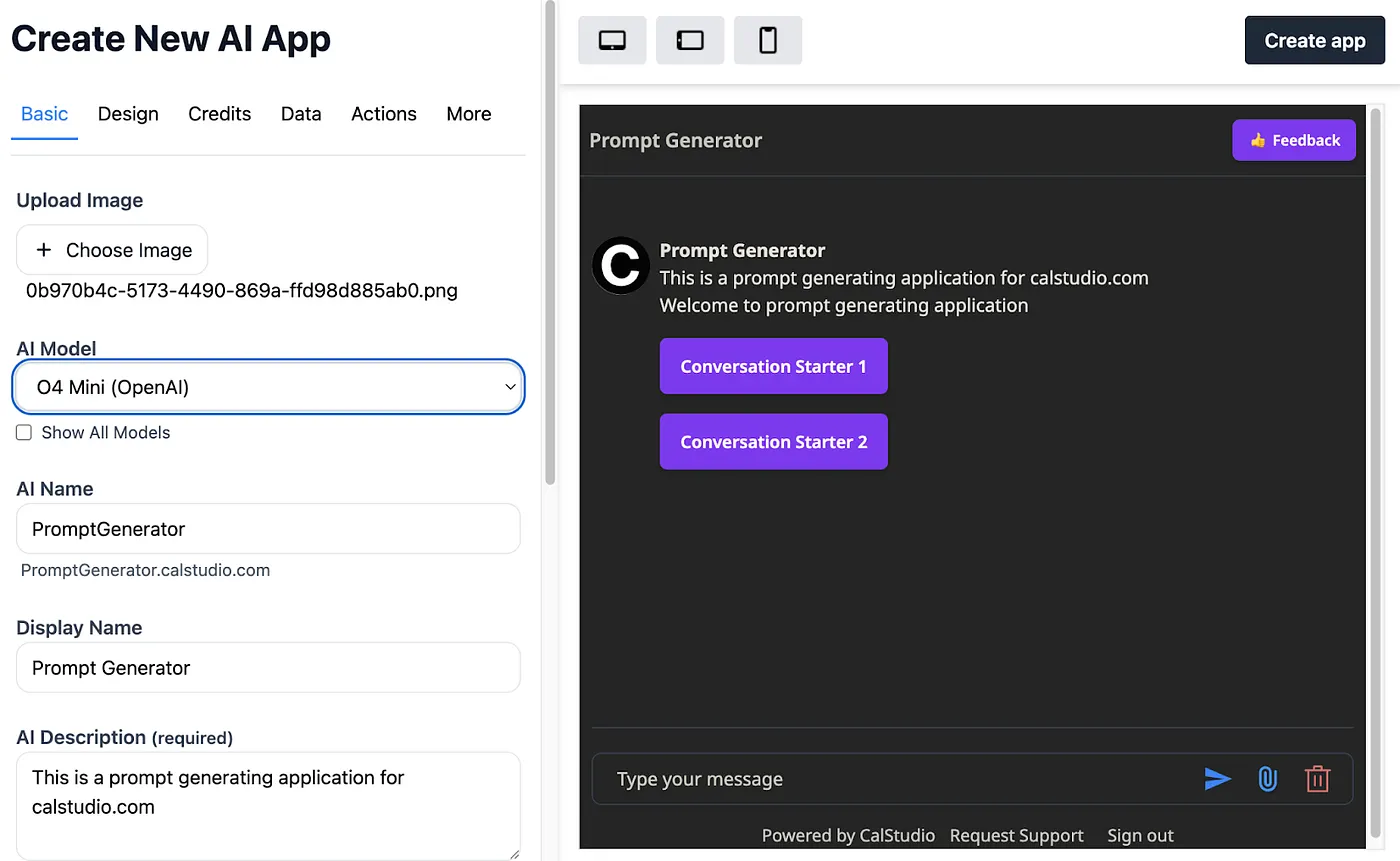 Basic app configuration with O4 Mini selection