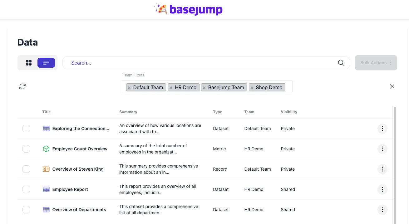 The data page UI in tabular view