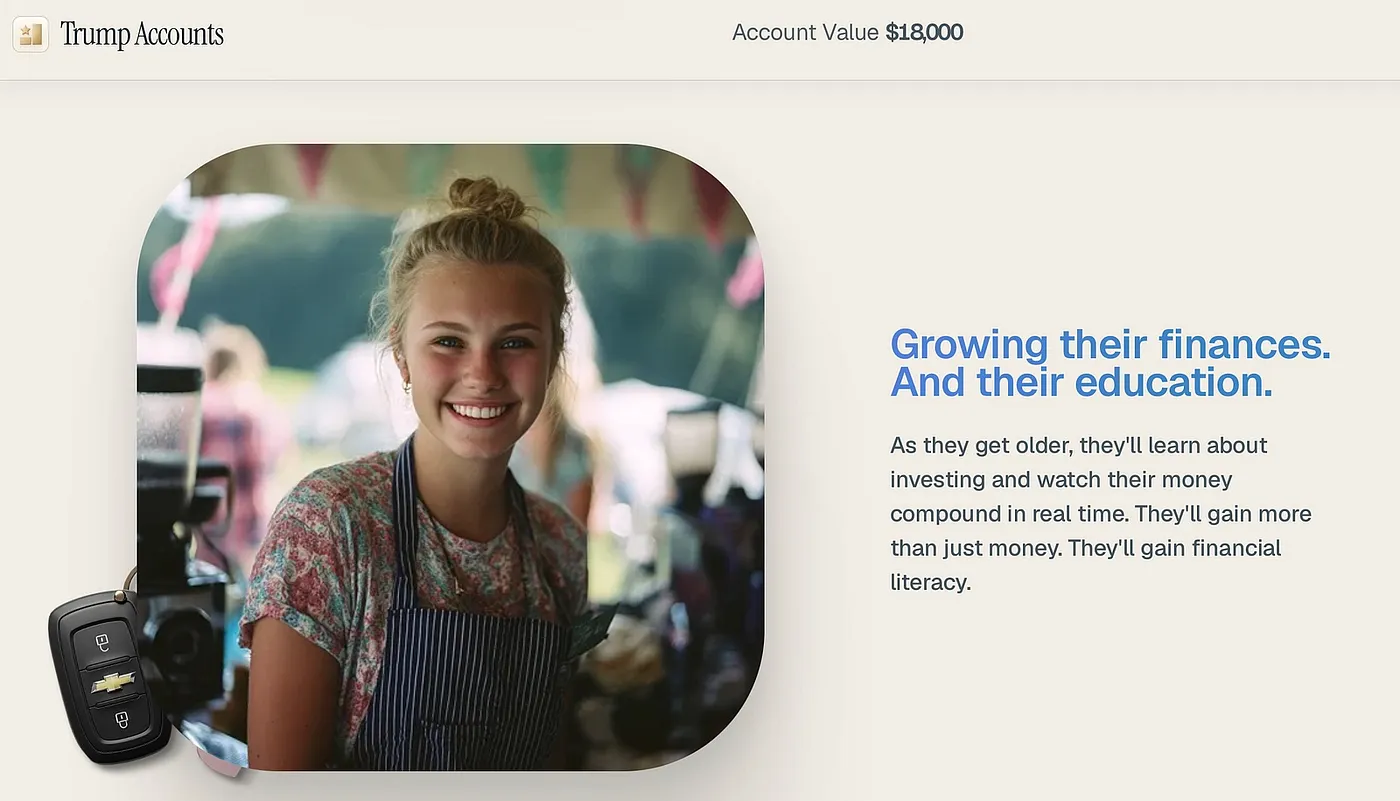 Trump Accounts — a federal savings account opened the year a child is born. "Watch their money compound in real time." Real time is the grammar of the instrument, now pointed at a cradle. (The stray car key is on the actual page.) June, 2026.