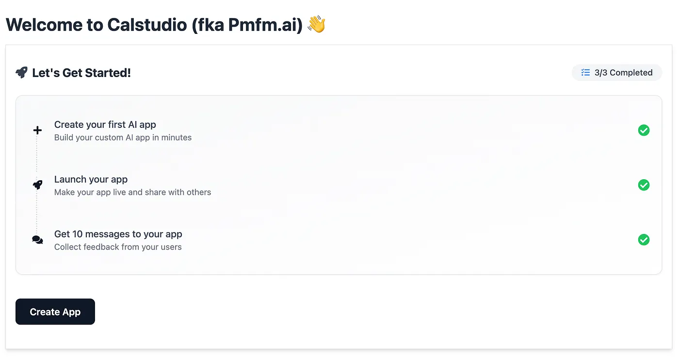 Create App button in CalStudio dashboard
