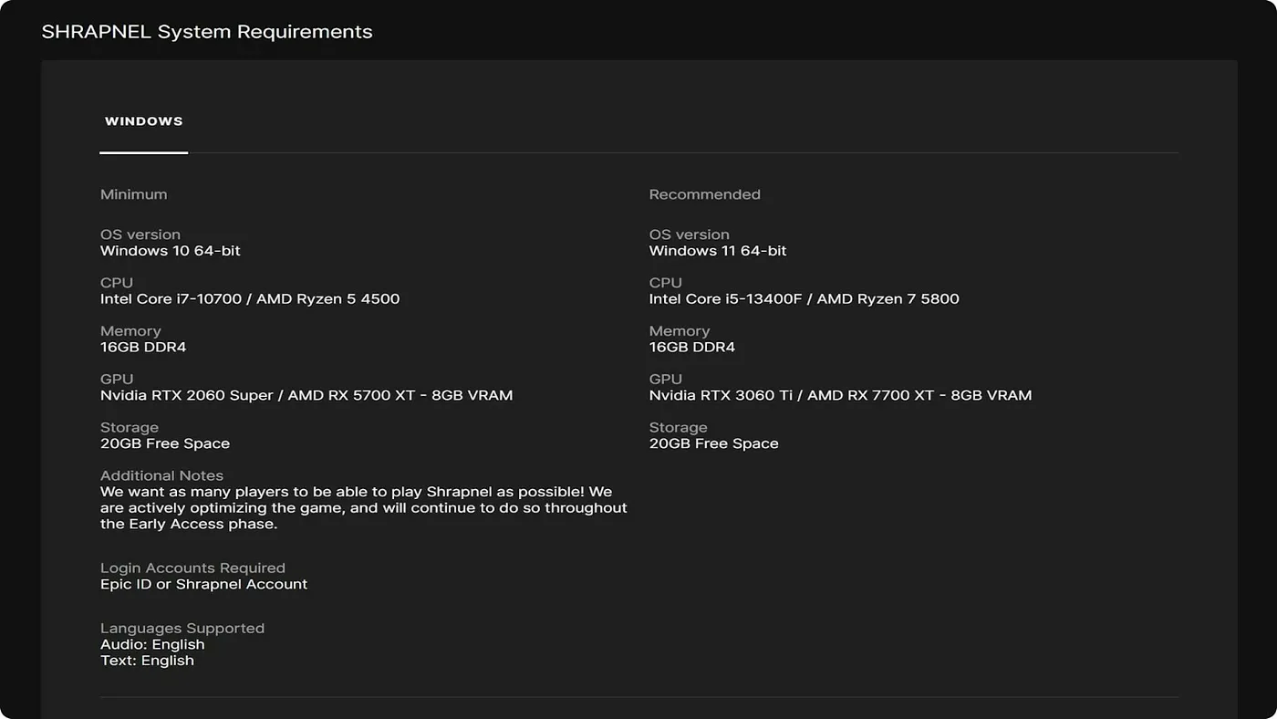 SHRAPNEL System Requirements