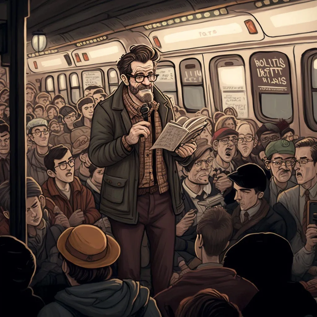 Comedy act on a subway (Midjourney generated)