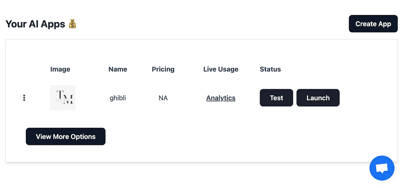 Dashboard with app ready to launch