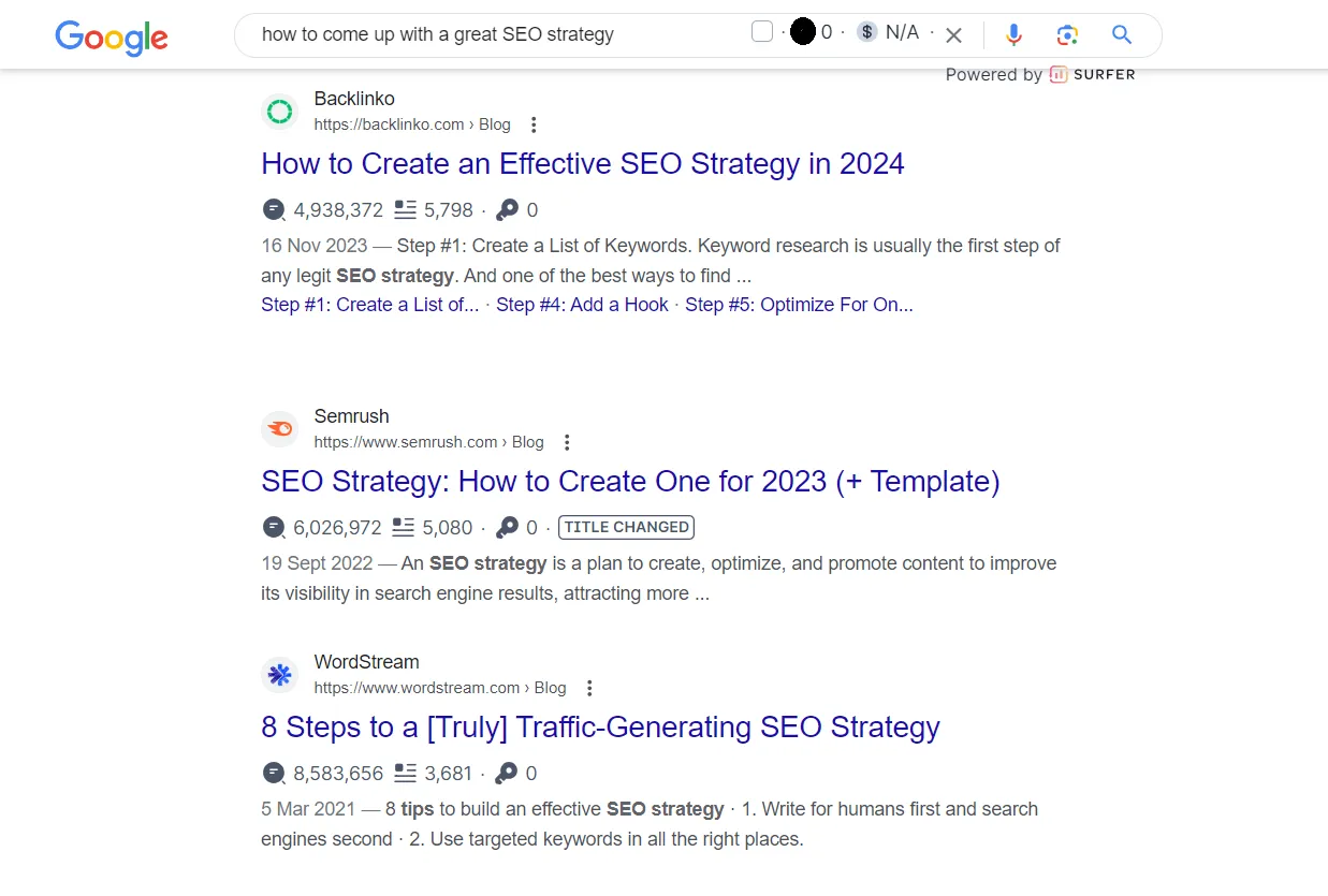 SERP results in Google Search Engine