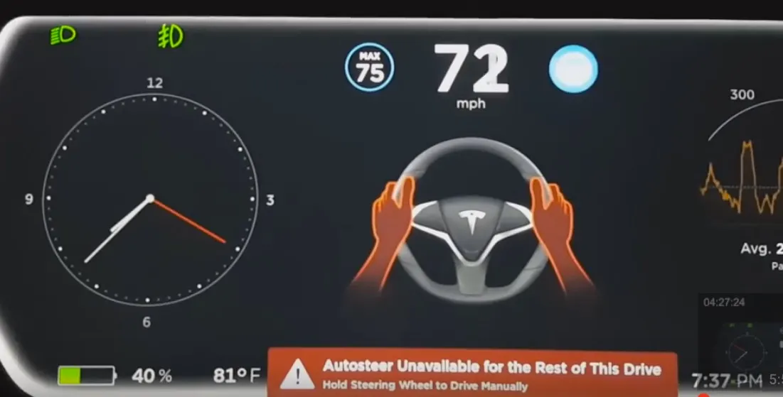 Tesla car handing control back to driver (at 72mph) via Teslarati