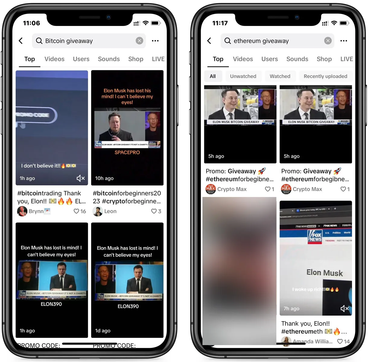 This image shows two smartphones displaying TikTok search results for “Bitcoin giveaway” and “Ethereum giveaway,” with numerous videos falsely featuring Elon Musk promoting fake cryptocurrency giveaways. Source: TikTok flooded by ‘Elon Musk’ cryptocurrency giveaway scams, BleepingComputer.