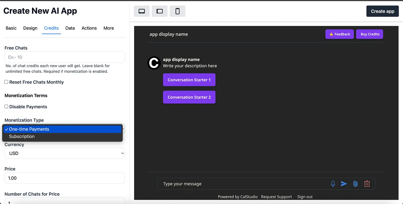 Credits and monetization settings for GPT 5.4 app