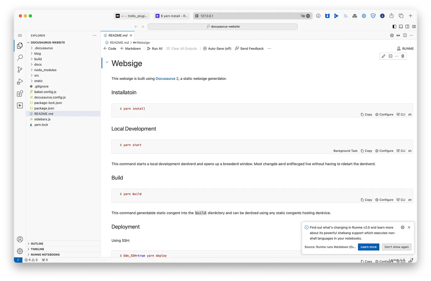 codeserver running runme in the browser