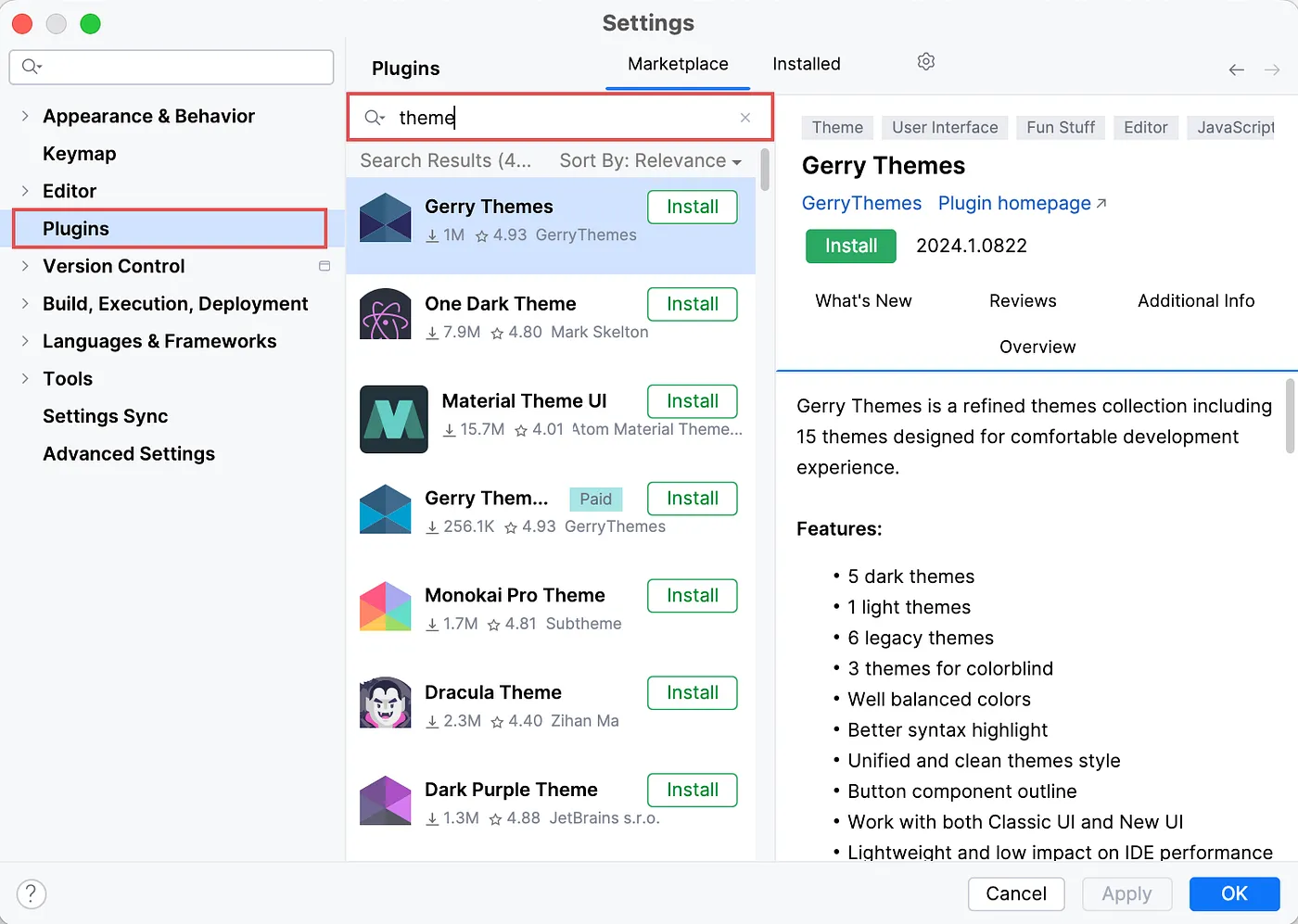 Searching for themes in Plugins Marketplace