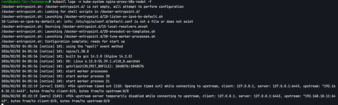 kubectl logs -n kube-system nginx-proxy-k8s-node4 -f