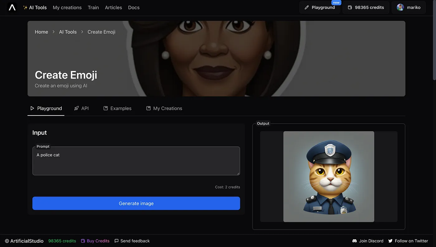 police cat example, ai create emoji model