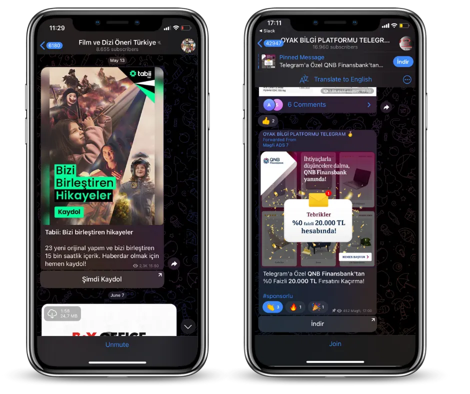 Images of advertisements from certain brands in Telegram communities.
