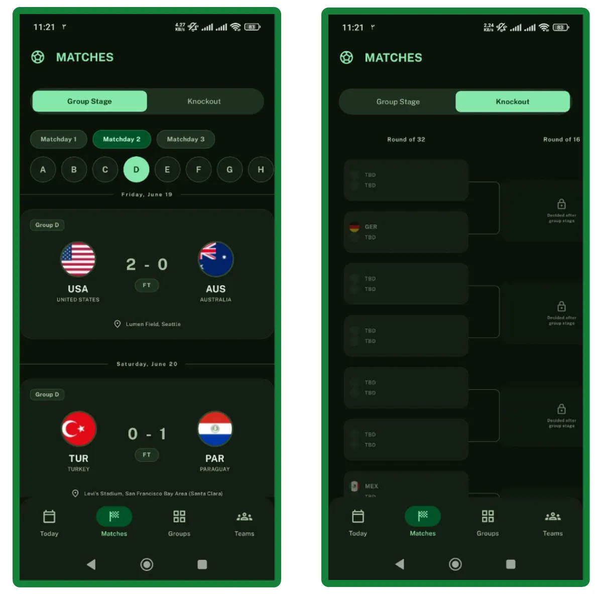 The accompanying Matches screen: group stage/knockout, matchday and group filters, real flags and scores. Every color, radius, font, and spacing value comes from the Stitch mockup, not eyeballing.