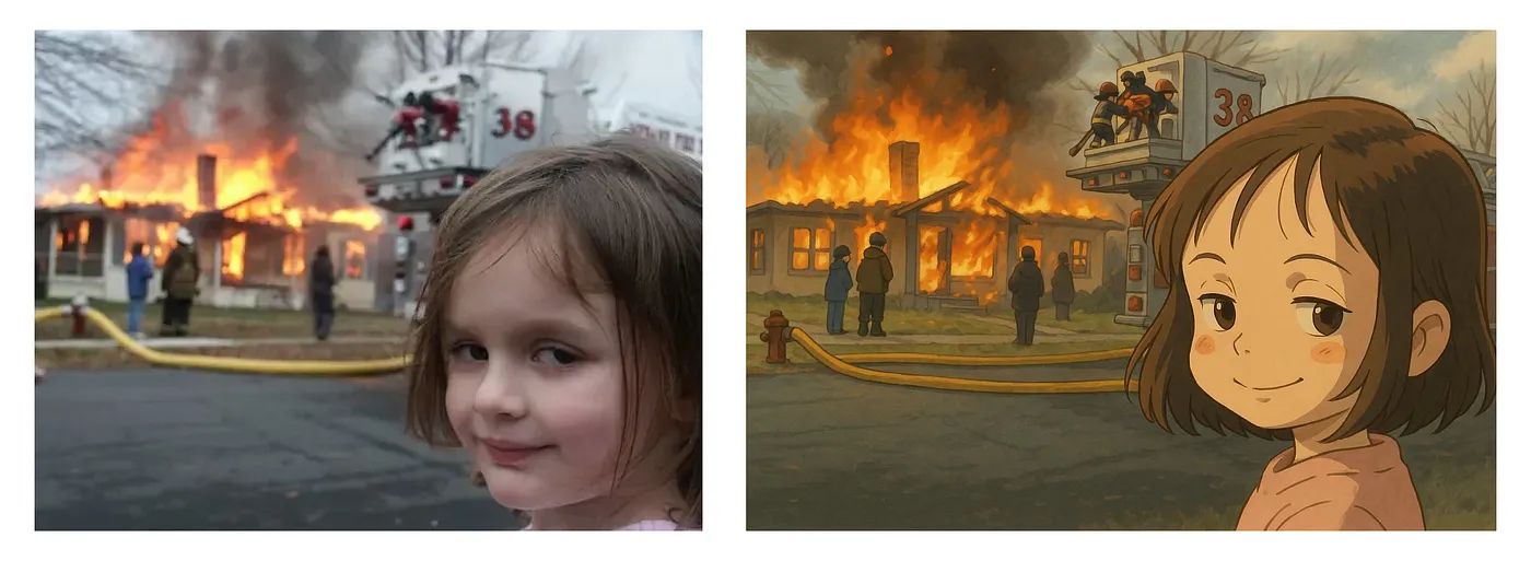 Disaster girl meme studio ghibli style with chatgpt animate it Artificial Studio
