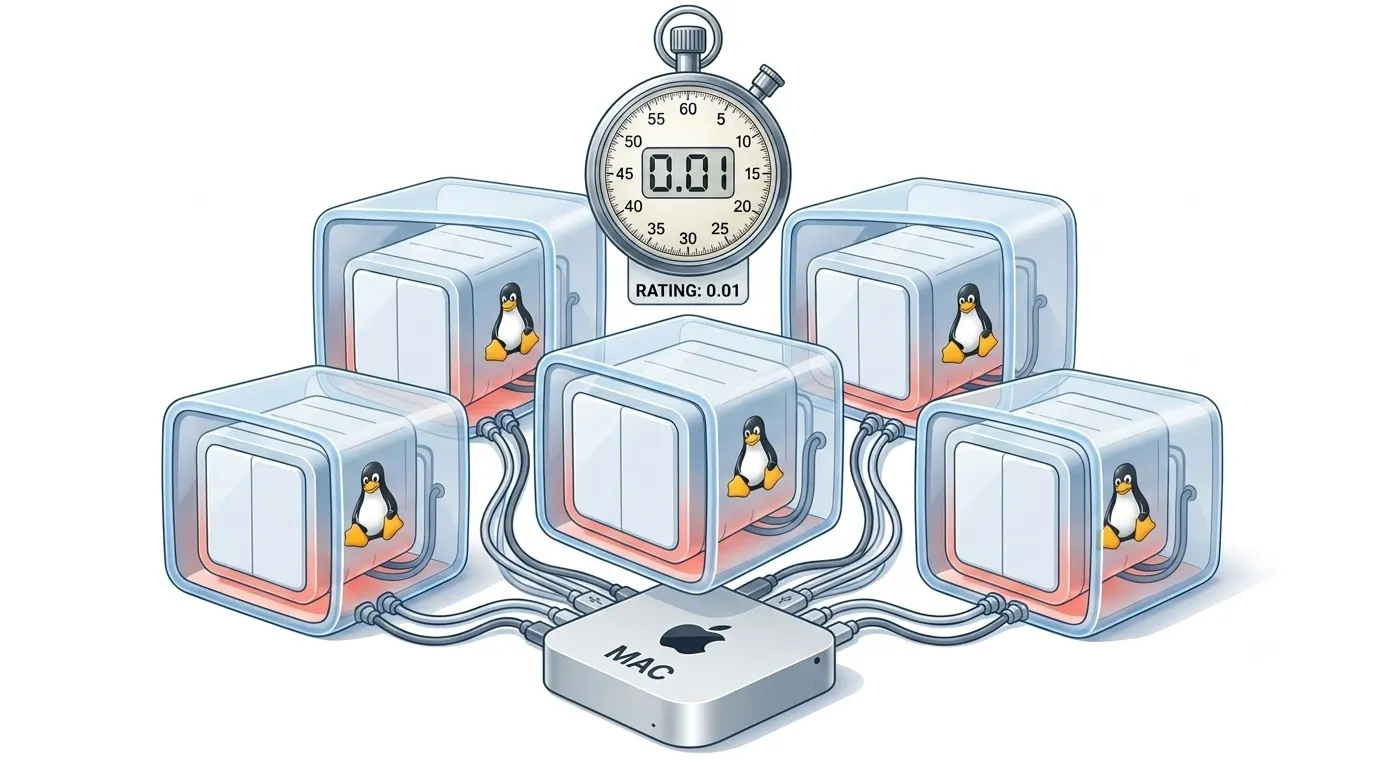 Illustration of multiple Linux containers (shown as transparent cubes with the Linux penguin Tux inside) each connected to a Mac mini, with a stopwatch showing near-zero time, representing Apple’s container runtime giving every Linux container its own isolated VM that boots in under a second.