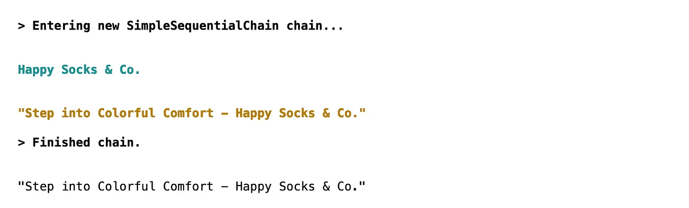 Output of a SimpleSequentialChain using PromptTemplates and LLMs in LangChain (Screenshot by the author)