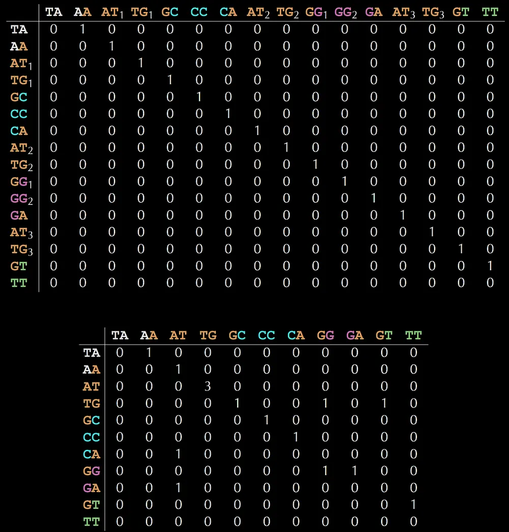 Note how the size of our distance matrix changes from 16x16 for an overlap graph to 11x11 for a De Bruijn graph.