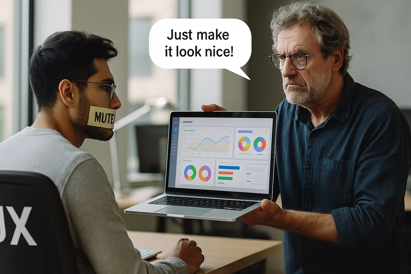 Visual representation of UX being silenced while UI takes center stage, symbolizing the tension between user experience and visual design priorities.