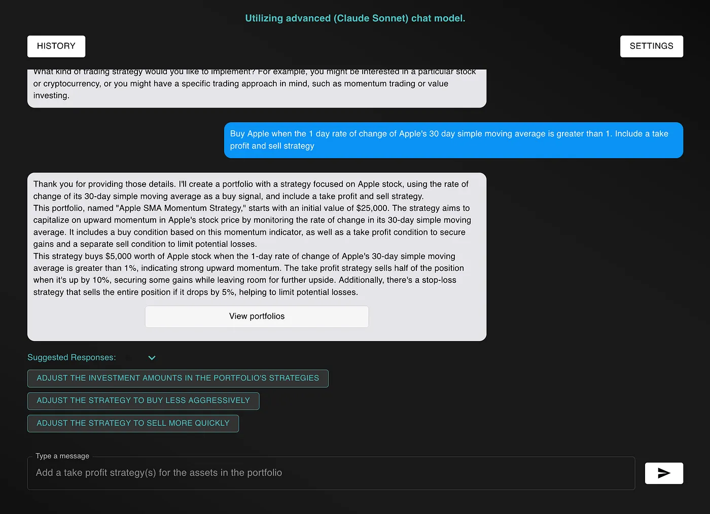 Generating a portfolio with a complex strategy using Claude 3.5 Sonnet