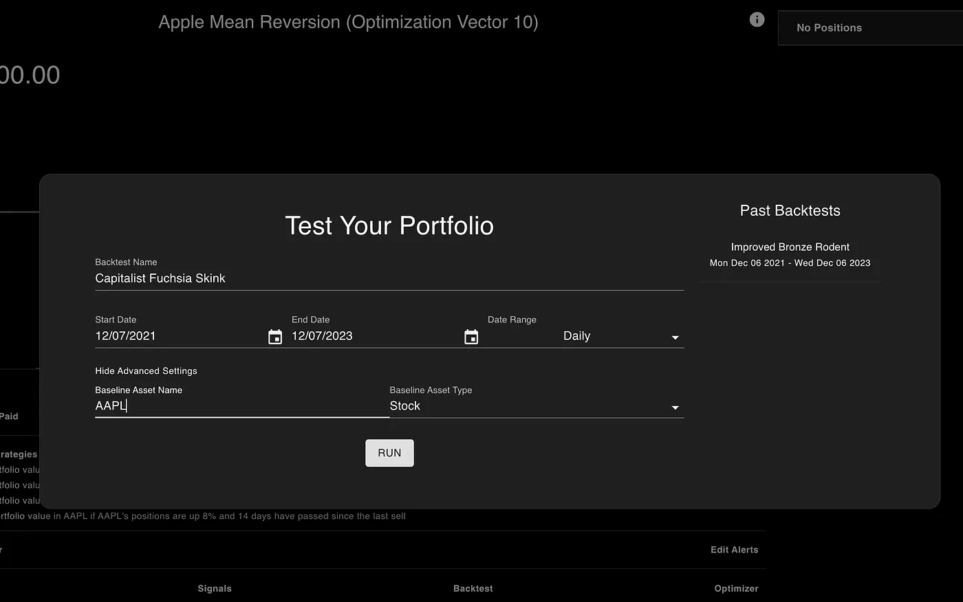The Backtest Config for the past two years. Also using the Advanced Settings to set a new Baseline Asset