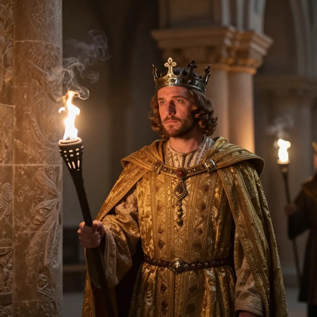 A medieval royal hall lit by torches, a king in ornate gold-trimmed robes, carved stone pillars, iron crown reflections, candle smoke diffusion, fine embroidery patterns visible, cinematic depth with anamorphic bokeh.