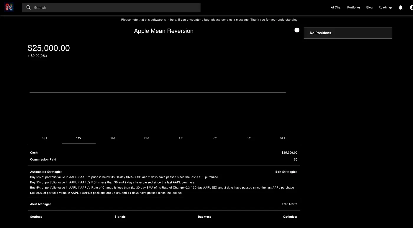 The Portfolio Dashboard for the “Apple Mean Reversion” portfolio