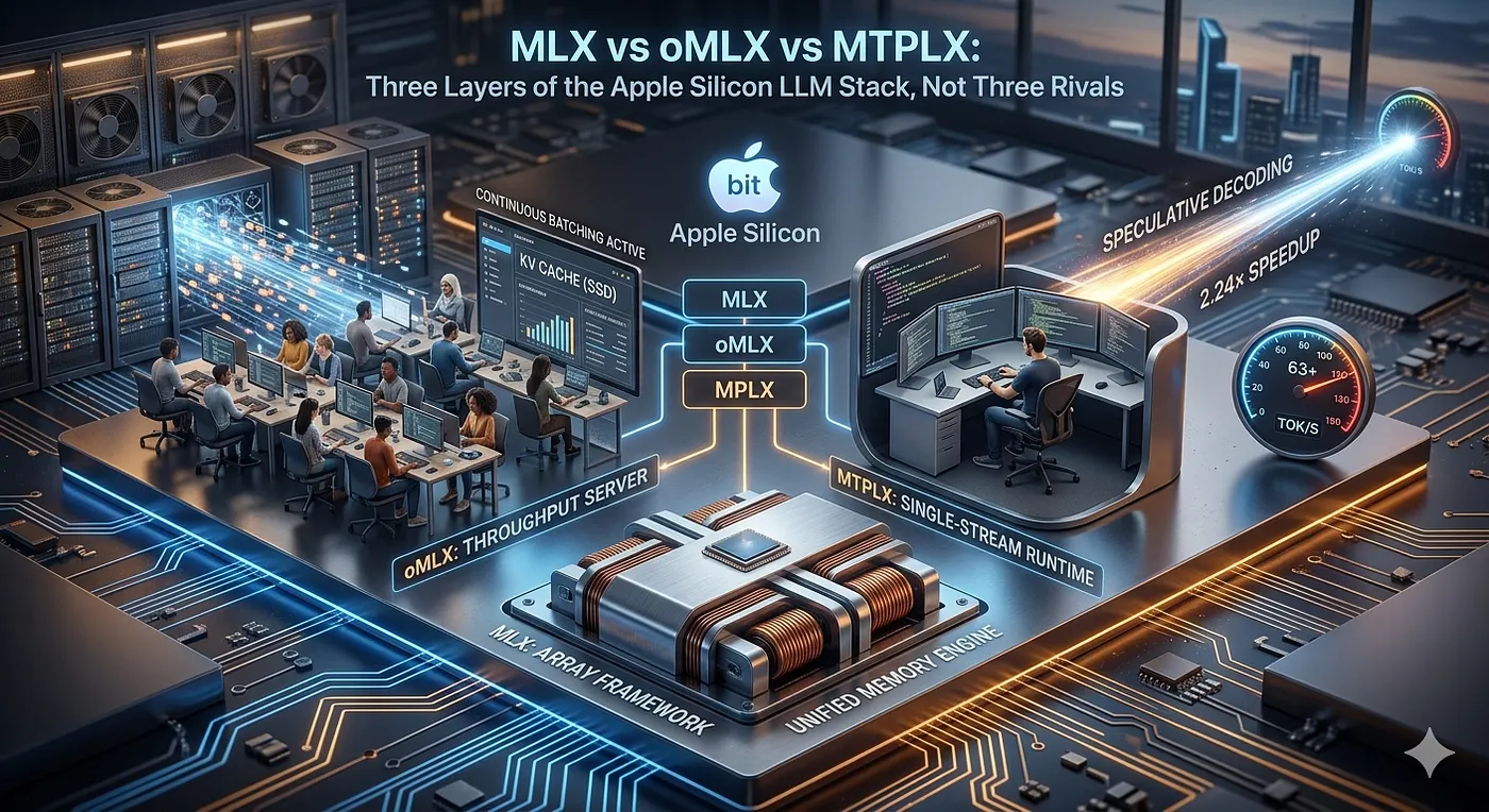 Diagram showing MLX, oMLX, and MTPLX as three layers of the Apple Silicon LLM stack rather than competing tools.