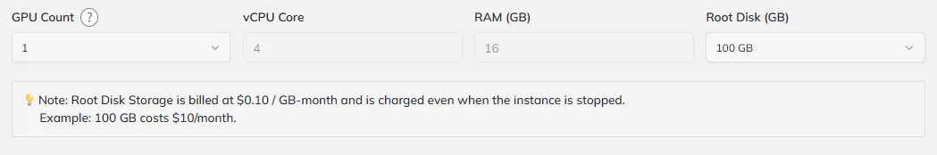 GPU Count and Disk Options