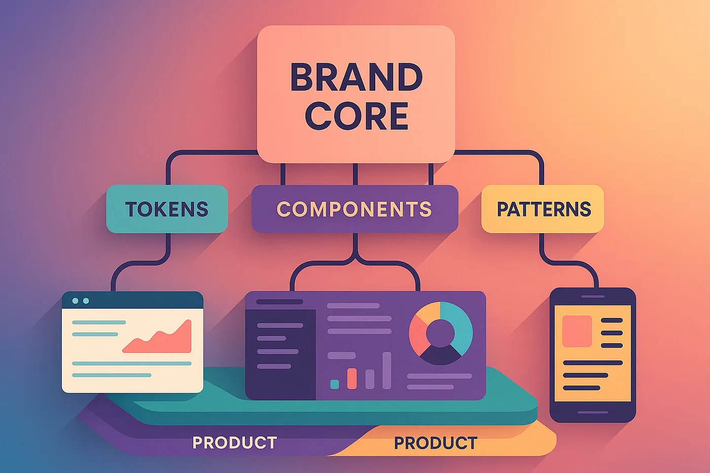 A multicolor visualization of how a unified brand core powers tokens, components, and patterns across every digital product in an ecosystem.